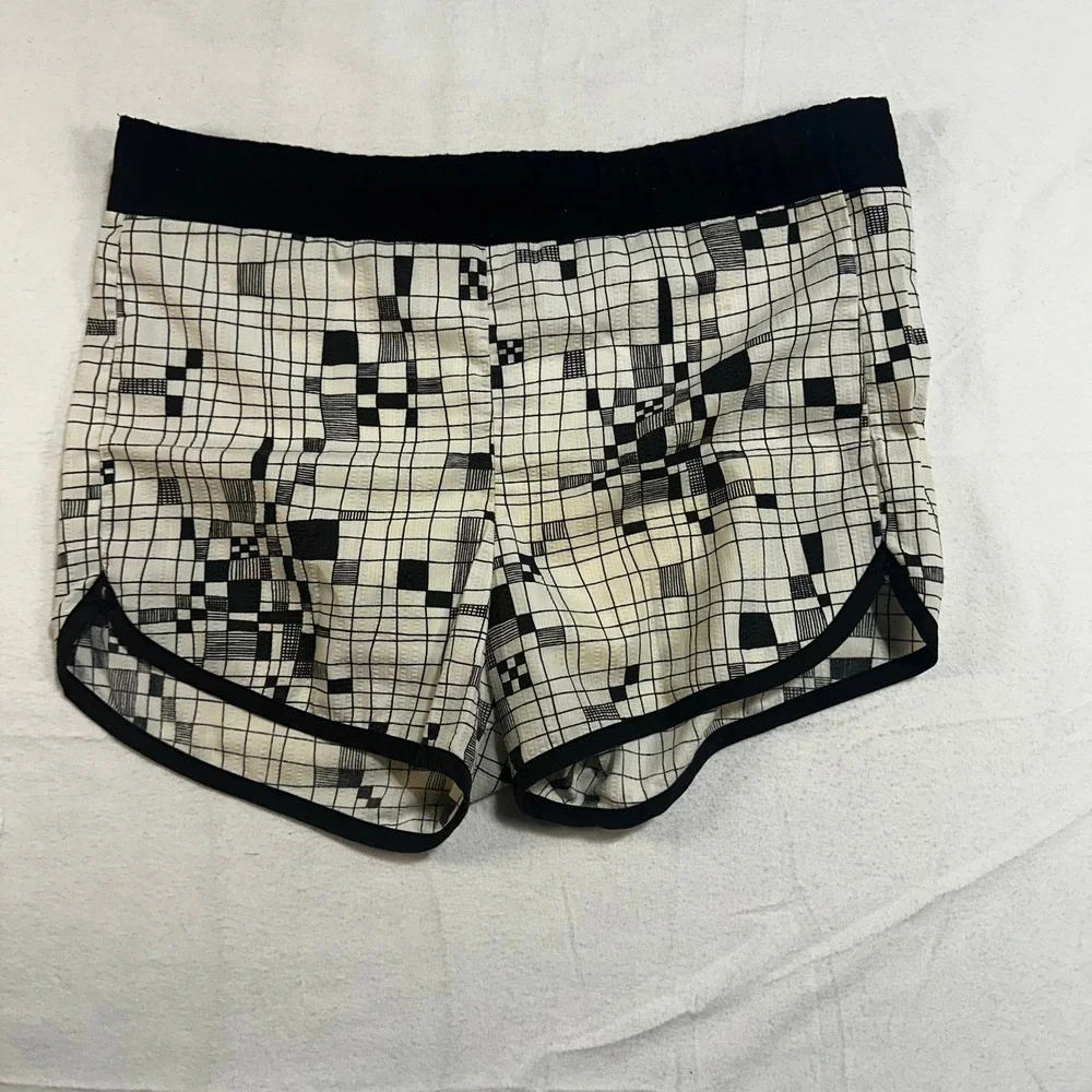 Retro Geometric Print Athletic Shorts Black White Elastic Waist M 32-34 Vtg